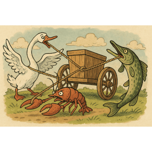 На рисунке в шуточном стиле изображены лебедь, рак и щука, тянущие тележку в разные стороны