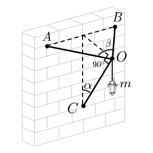 На рисунке схематически изображены три стержня, шарнирно соединённые между собой концами, другими концами закреплены к вертикальной стене, В точке соединения стержней подвешена лампа