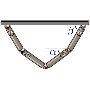 На рисунке схематически изображены чтыре стержня одинаковой массы и длины, закреплённые между собой шарнирно и шарнирно закреплённые к потолку, и находятся в равновесии