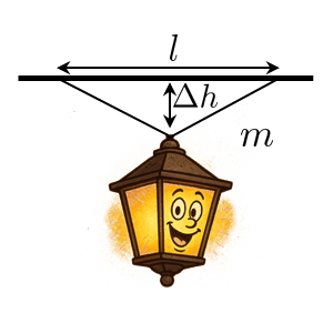 На рисунке схематически изображены два стержня, соединённые между собой шарнирно концами, вторыми концами прикреплены к потолку, в точке соединения стержней подвешена лампа