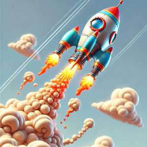 На рисунке изображена в шуточном стиле космическая ракета, взлетающая в небо