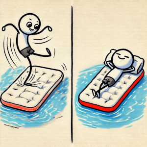 На рисунке изображена человеческая фигурка, которая сначала стоит на надувном матрасе, а потом лежит на надувном матрасе в шуточном стиле