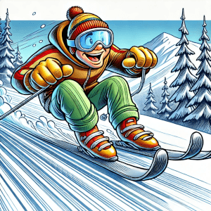 На рисунке изображён в шуточном стиле человек, спускающийся с заснеженного склона горы на горных лыжах на большой скорости