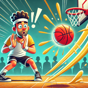 На рисунке в шуточном стиле изображён баскетболист с мячом в баскетбольном зале